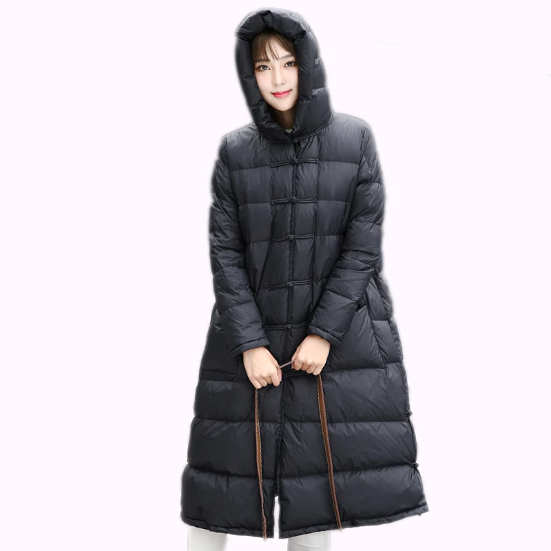 Зимний женский пуховик на кнопках винтажный стиль 2017 длинный свободный большого