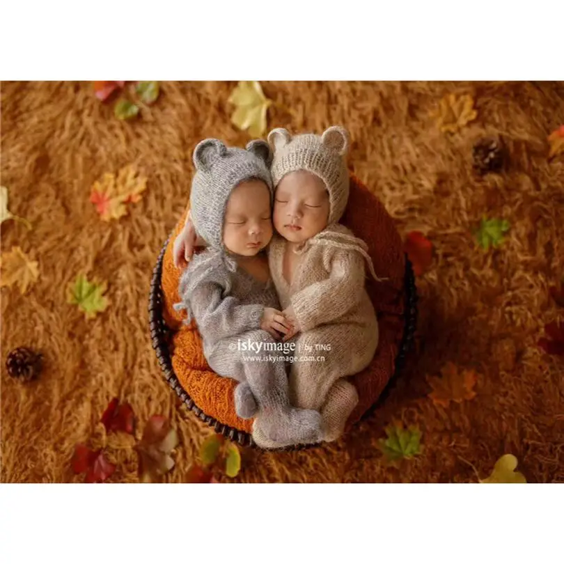

Newborn overall outfit Crochet Mohair bear bonnet romper set Photography props Baby hooded romper photo props