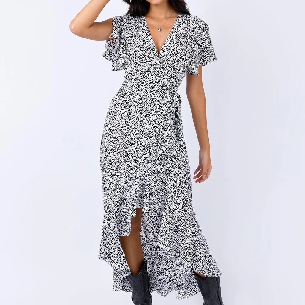 Женское длинное платье с леопардовым принтом повседневное пляжное V-образным