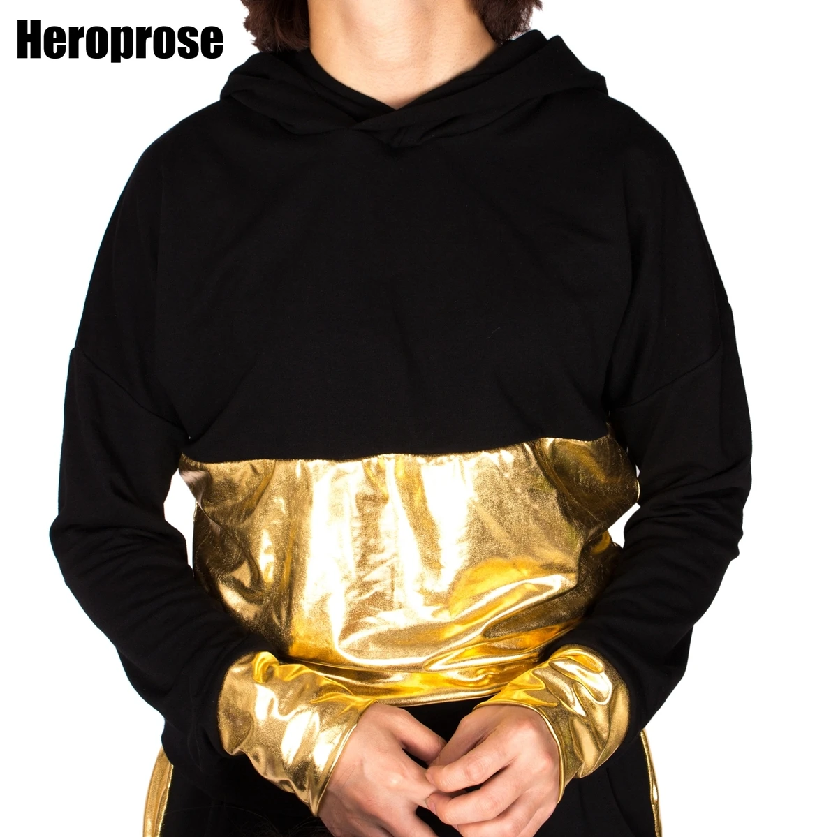 

Spring Autumn Women Black Gold Patchwork HipHop Outwear with Hooded Jazz Dance Costumes Stage Female Singer Hoodies