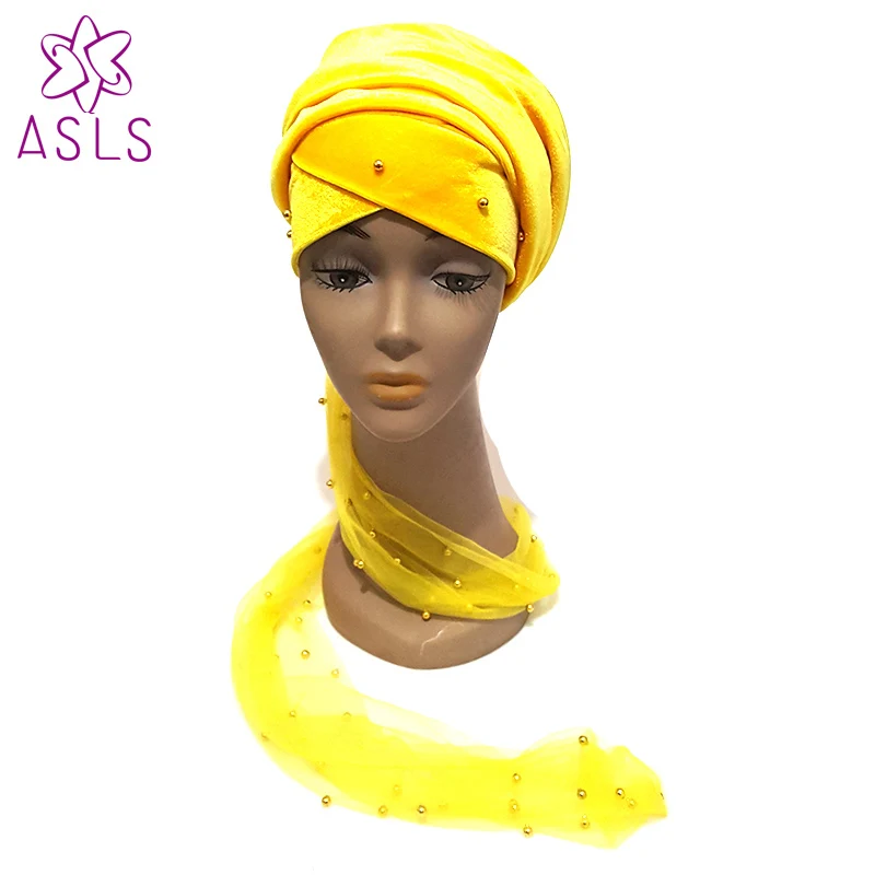 Новый роскошный золотой головной платок с бисером и сеткой, мягкий бархатный нигерийский экстра-длинный тюрбан хиджаб с двойной застежкой для женщин.