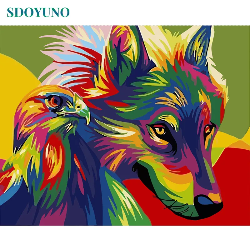 SDOYUNO 60x75 см цветная рамка с изображением волка и орла по номерам DIY домашний Декор