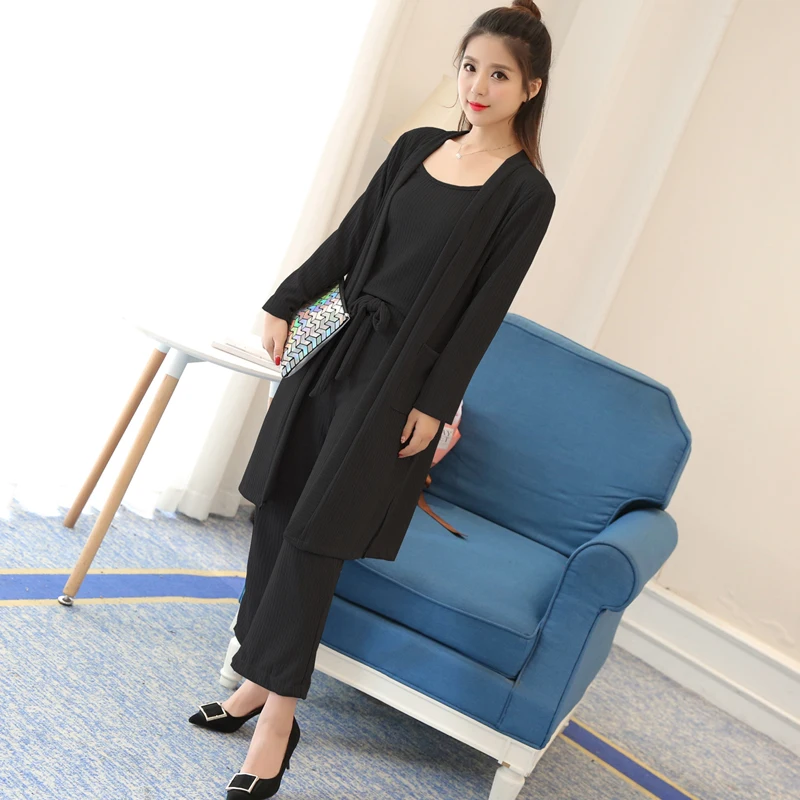 Женский костюм 2017 весенний Модный трикотажный кардиган + жилет широкие брюки