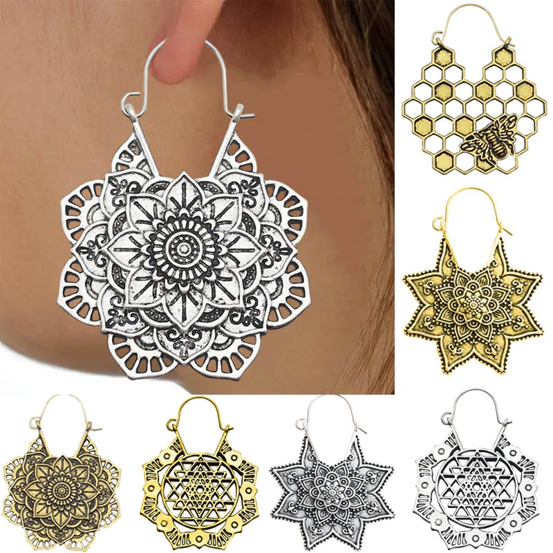 Винтажные серьги кольца в этническом стиле из латуни с изображением черепа