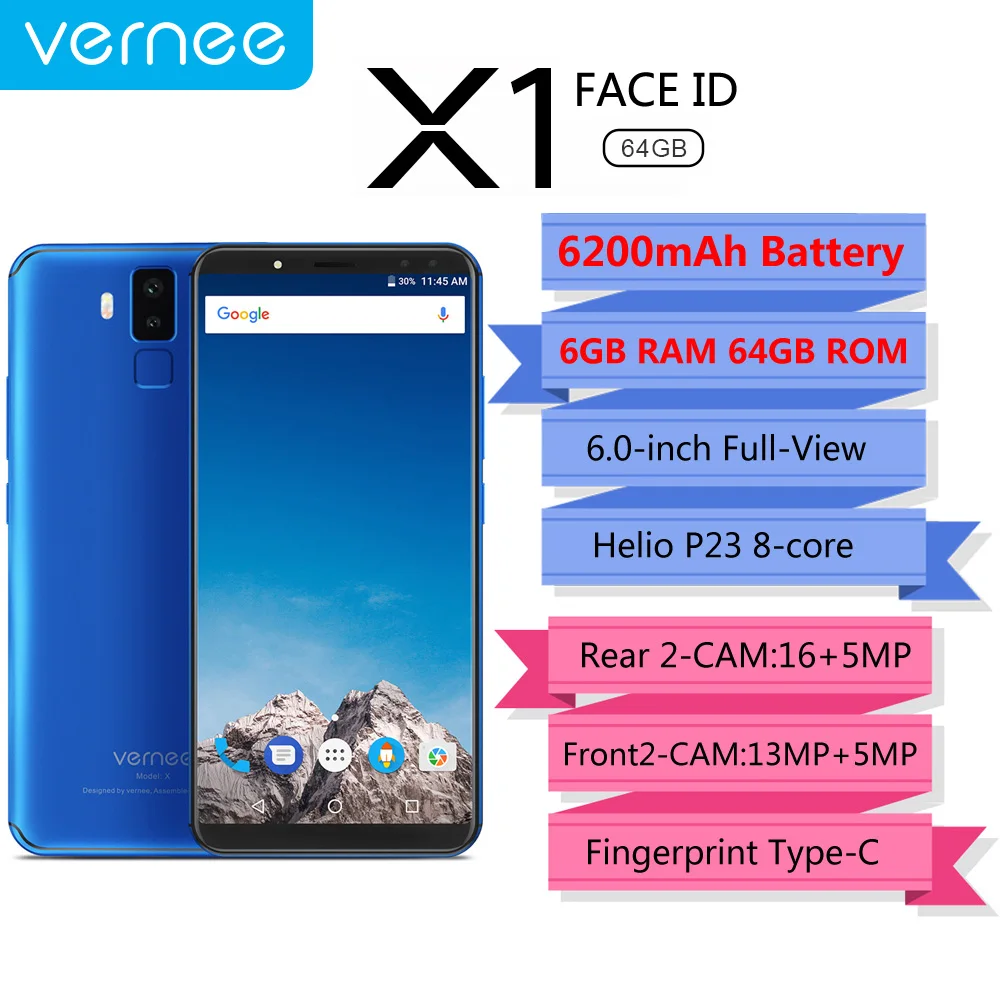 Vernee X1 4G мобильный телефон 6200 mAh 6 ''Face ID 6+ 64 GB Helio P23 16+ 5 Мп 13MP+ 5MP 4-Cam с отпечатком пальцев Type-C EU Plug смартфон