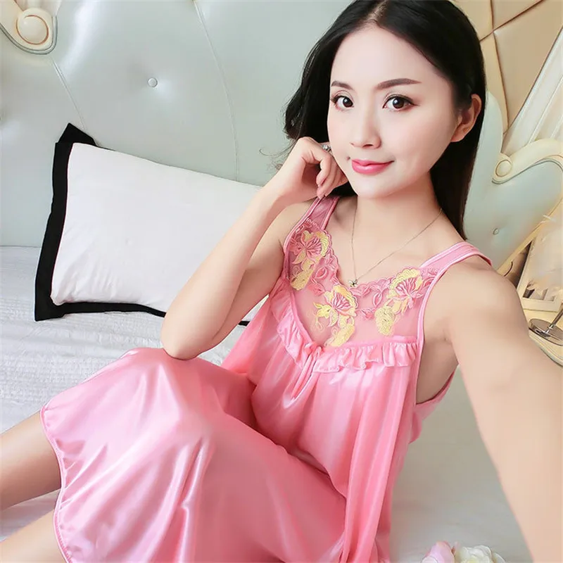Женская шелковая ночная рубашка летняя кружевная сексуальная большого размера