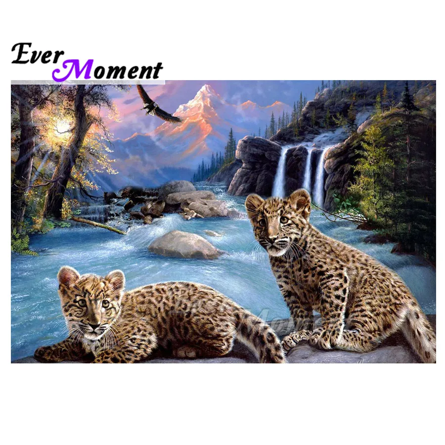 Картина с кристаллами Ever Moment вышивка леопардами водопад ручной работы полностью