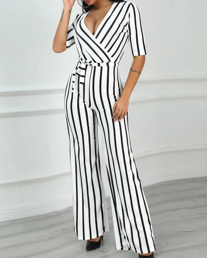 Женский сексуальный комбинезон с глубоким v образным вырезом в полоску поясом