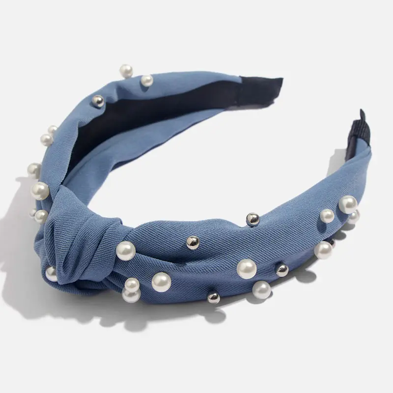 Bohemian Solid Color Soft Velvet Center Knot Wide Pearl Hairband Ladies multiple color Knotted Hairband Hair Accessories - Metal color: H0066BL