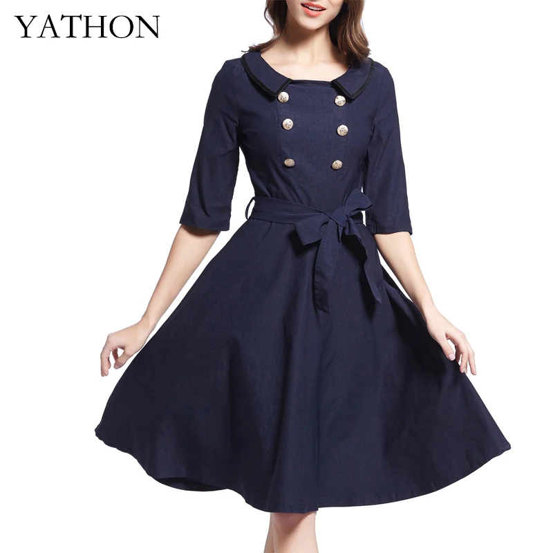 YATHON Женская Кнопку Старинные Большие Качели Партии Dress Хепберн Стиль половина