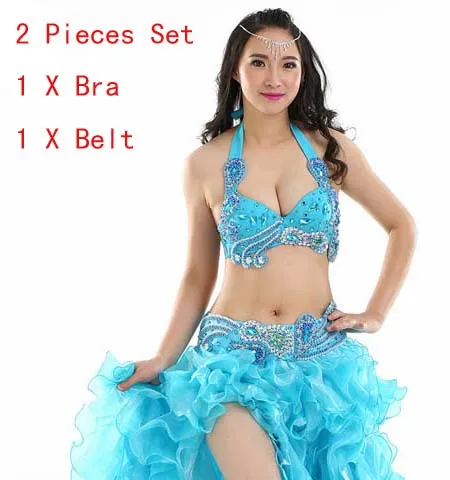 Blue 2 Pieces Set Профессиональный костюм для танца живота, комплект из 3 предметов, стразы, топ с бюстгальтером, B/c, пояс и юбка, платье в стиле Рио, карнавал, Голливуд - Цвет: Blue 2 Pieces Set