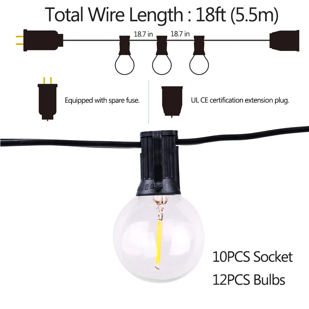18ft 12PCS Bulbs GANRILAND G40 1 W светодиодный гирлянды 18 футов/26 футов светодиодный Глобус лампы 2700K водонепроницаемый открытый для Патио Сад задний двор праздничные Свадебные украшения - Испускаемый цвет: 18ft 12PCS Bulbs