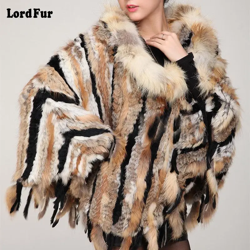 Женская шаль из натурального кроличьего меха TopFurMall с капюшоном лисьего и