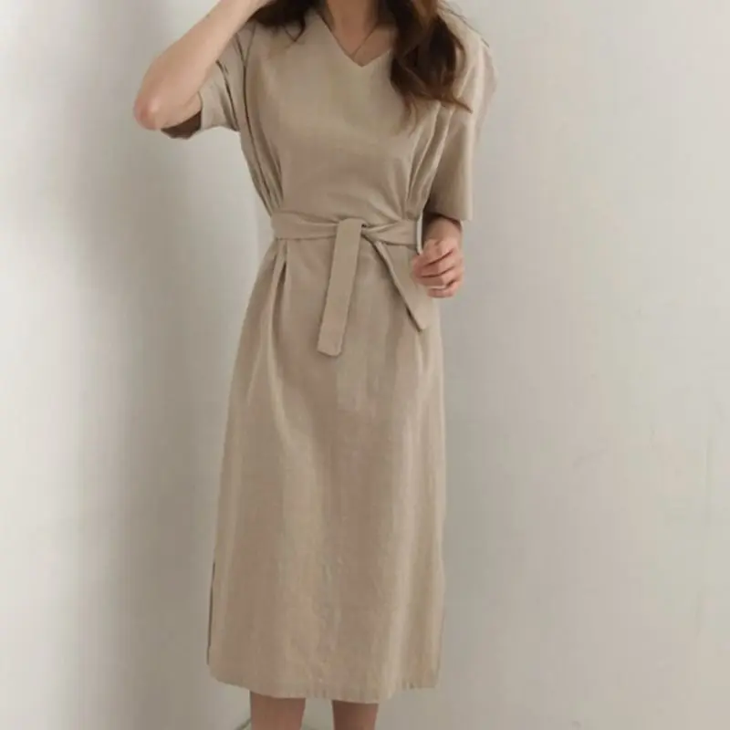 Elegant Vintage Korean Style White Chic Summer Women Midi Dresses Straight Plain Lace Up Split Khaki Female OL Lady Retro Dress | Женская