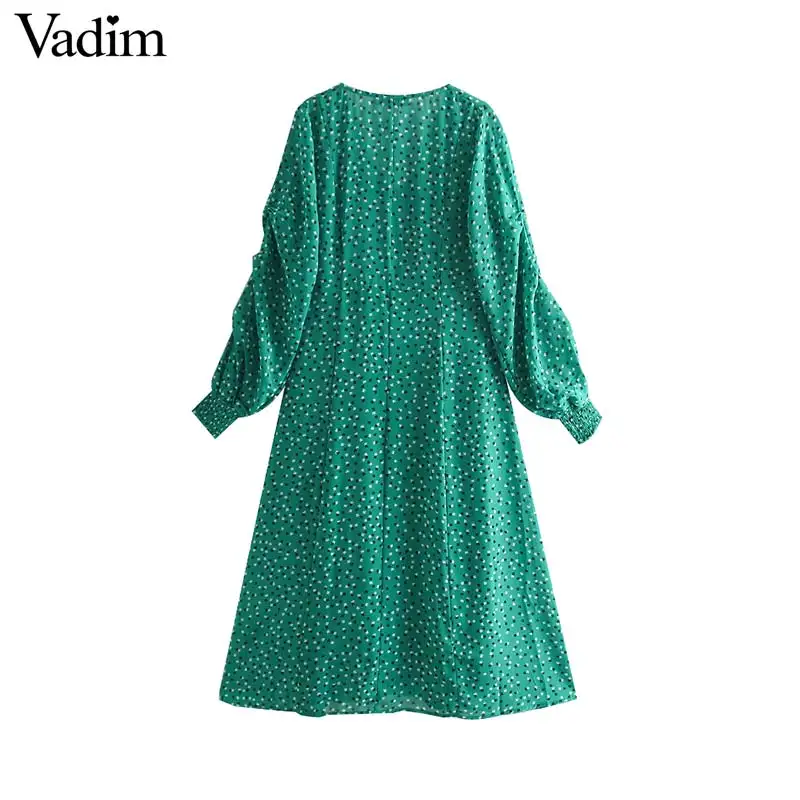 Vadim women floral print chiffon green dress V neck gathered long sleeve female casual dresses elegant summer vestidos QC009 | Женская