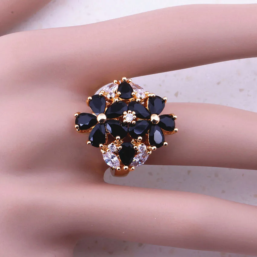 Хит продаж черные кольца украшенные кристаллами кубическим цирконием желтым