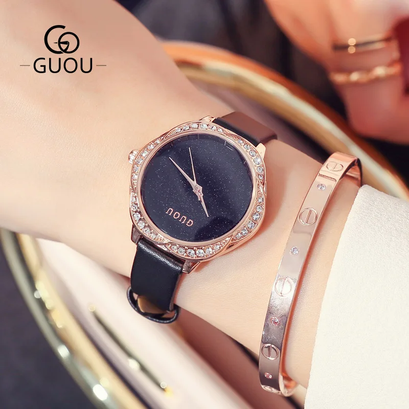 Женские часы со стразами GUOU роскошные из натуральной кожи розового золота с