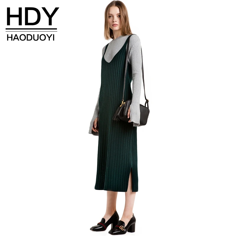 Женское трикотажное платье HDY Haoduoyi однотонное зеленое свитер без рукавов