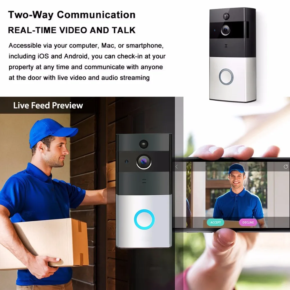 Wi Fi включить видео дверной звонок беспроводной 1 крытый Chime 720P HD Wide Angel дверь