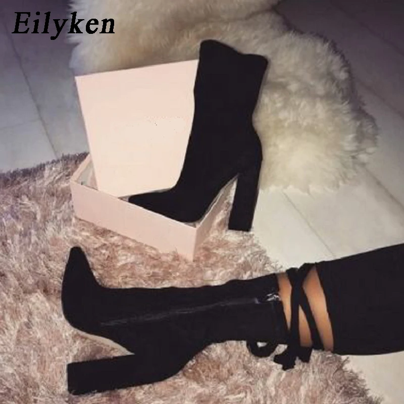 

Eilyken 2022 New Flock Ankle Boots Women For Autumn Winter Fashion Pointed Toe heel Zipper Woman Chelsea Boots Plus size 35-42