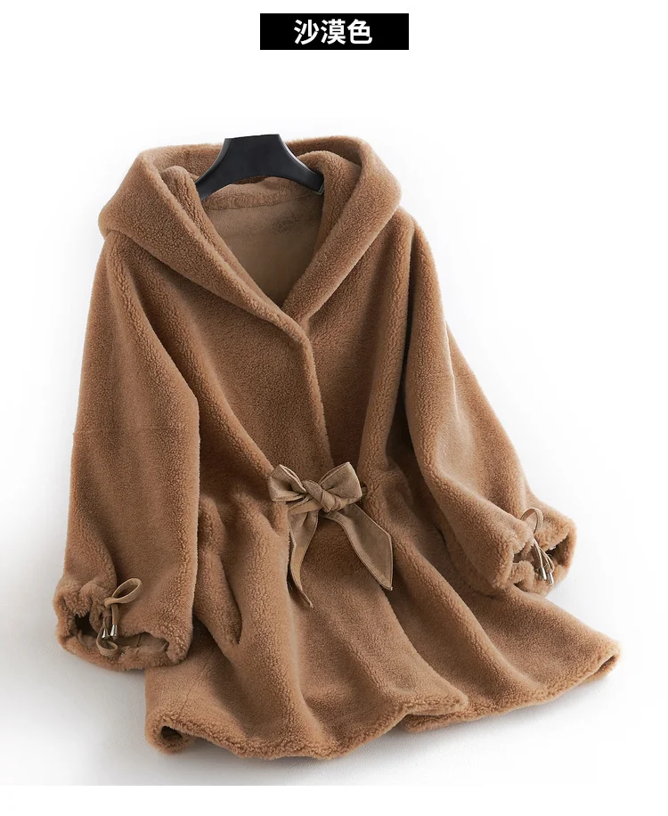 AYUNSUE Real Fur Coat Winter Woman Coats Korean Fashion Casual Midi Long Wool Hooded Jacket Elegant Ldies Outwear B18F23350