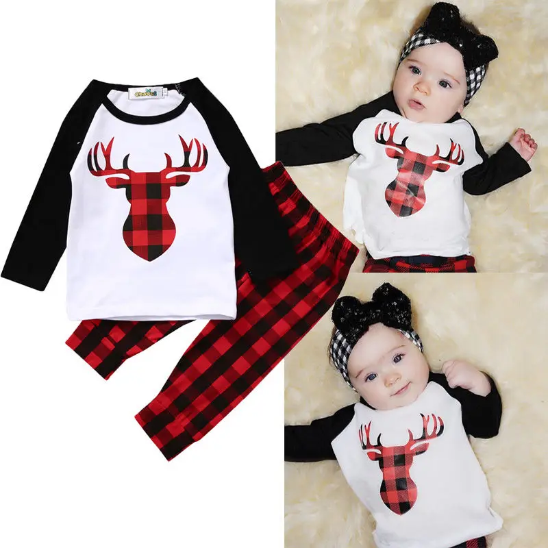 2019 Baby Boy Girl Clothes Set 2PC baby Deer Top T-shirt Red Plaid Pant Outfit k Giyim Tracksuit | Детская одежда и обувь