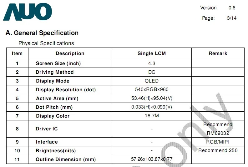 4,3 дюймовый OLED 960*540 экран модуль lcd RGB Pixel MIPI интерфейс AUO RM69032