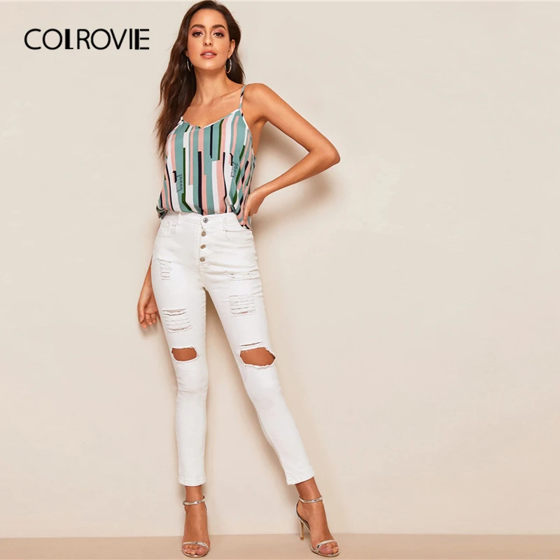 COLROVIE, полосатый топ с цветными блоками, сексуальный топ на бретельках, женская одежда, летняя уличная одежда, повседневный жилет на бретельках, женская рубашка
