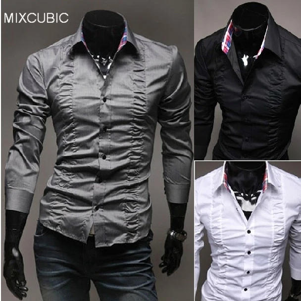 MIXCUBIC freeshipping 2017 palace style long-sleeved mens shirts Chest drape design casual cotton men pure color M-XXL | Мужская одежда