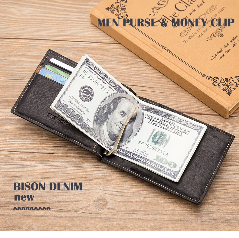 Мужской кошелек BISON DENIM из коровьей кожи, кошелек для денег на молнии, карман для монет, ID карт, натуральная кожа, мини кошелек для мужчин W9348