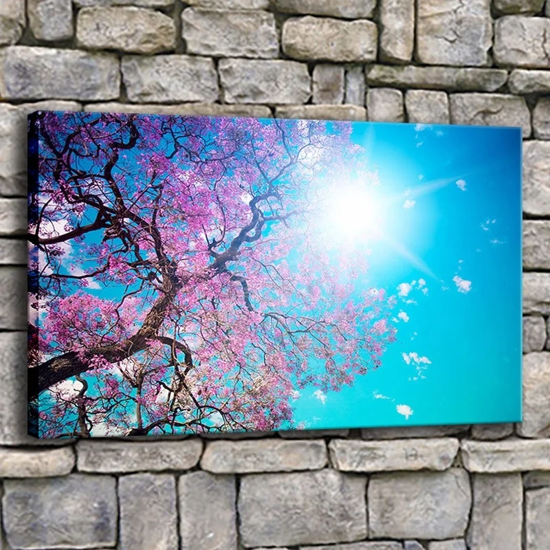 Картина на холсте 1 предмет вишневый цвет голубое небо солнечные листья Розовые