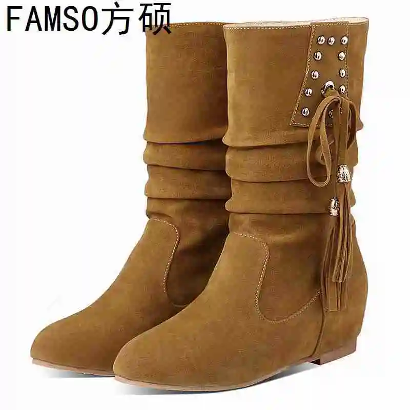 FAMSO/2019 г. обувь женские Ботинки на каблуке с бахромой большие размеры 34-43