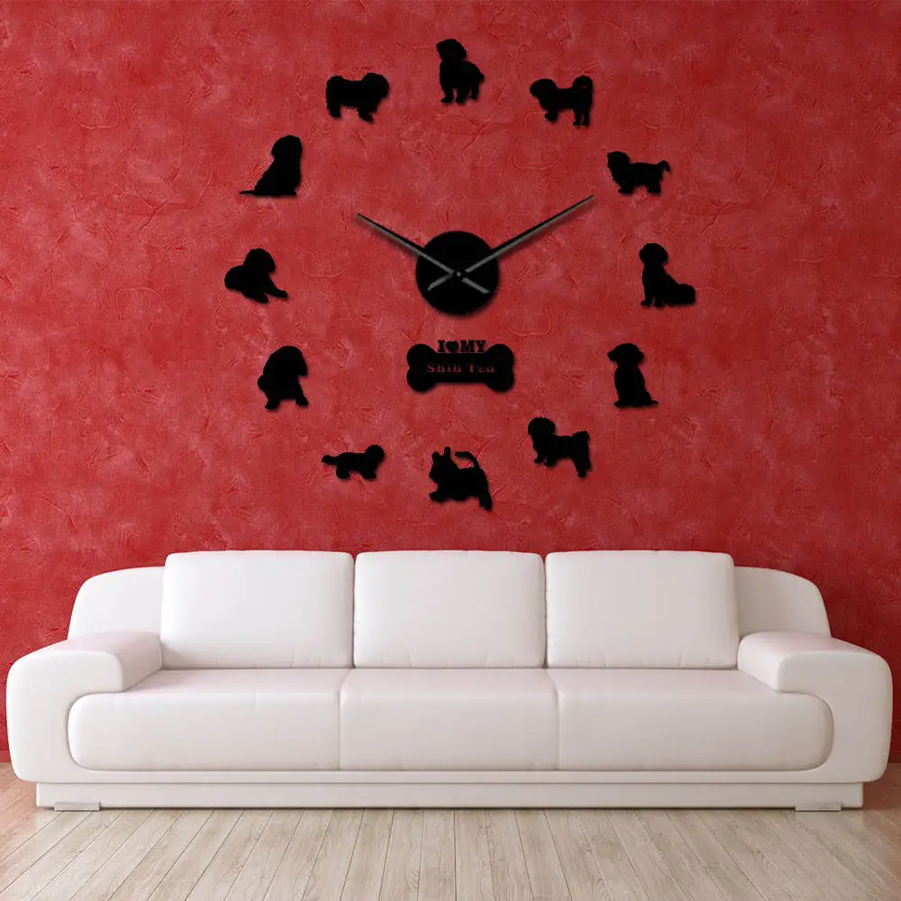 Большие настенные часы Shih Tzu Dog DIY эксклюзивные зеркальные с эффектом щенка ручной