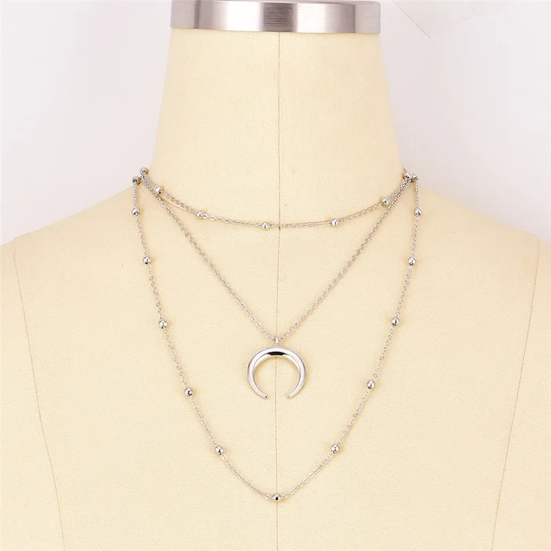 Fashion Metal Beads Chain Choker Necklace for Women Multilayer Moon Pendant Boho Beach Collar Jewelry Christmas Gift | Украшения и