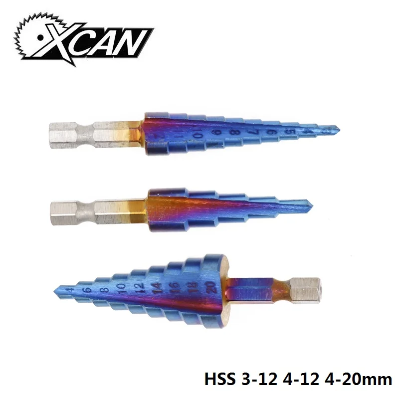 XCAN 3 шт. 3-12 мм 4-12 мм 4-20 мм Nano с голубым покрытием из быстрорежущей стали ступенчатое сверло прямая флейта дерево/металл отверстие резак пагода сверло конус