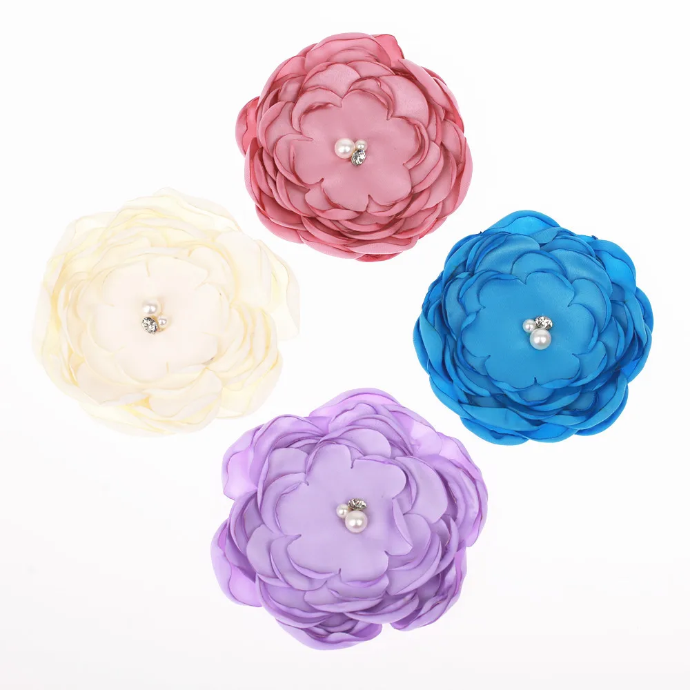 

40 pcs/lot , 7 layered Burned Edges Satin Flower with Pearl Rhinestone Center 3.5 inches