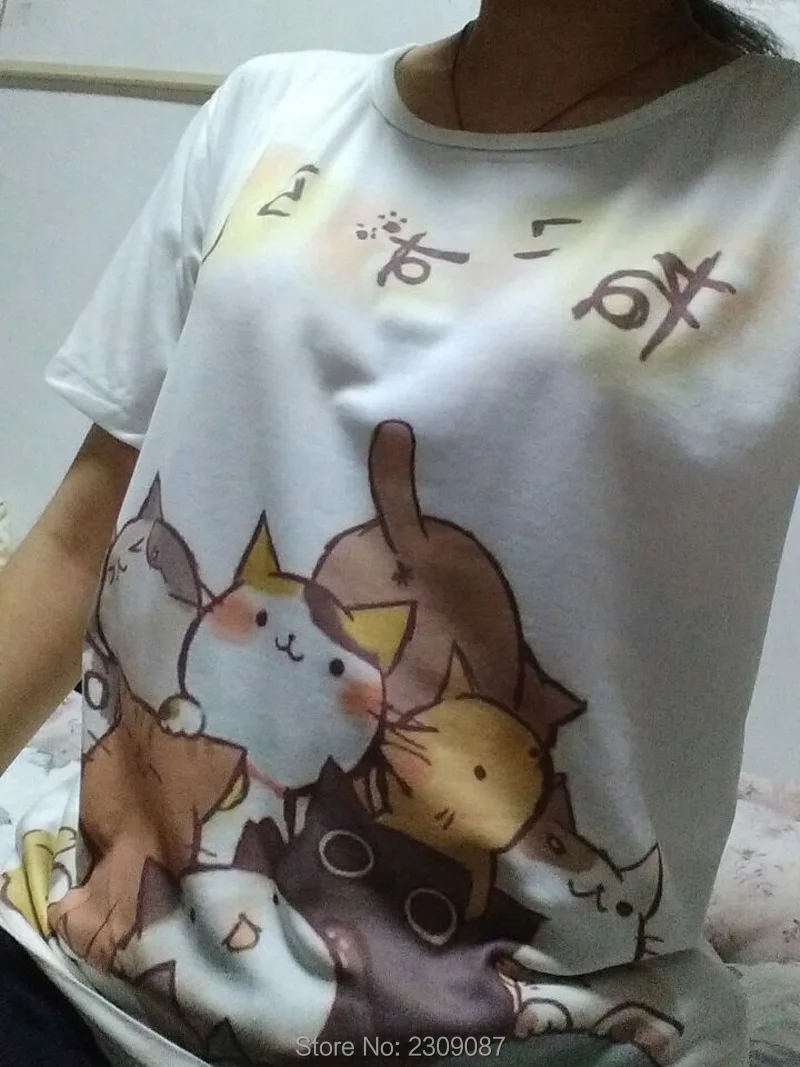 Футболки женские топ Лето кошка топы рубашка женская Neko Тройники Harajuku Футболка Японский Каваи Atsume Neko Аниме Мультфильм Cos Футболки Лолита Милый Кот Двор Случайные Топы Тройник Женская Одежда WXC