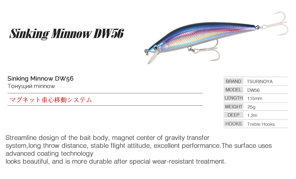TSURINOYA 5 шт. Тонущая наживка DW56 115 мм 25 г морская наживка длинное литье искусственная приманка для морской рыбалки бас гольян приманка
