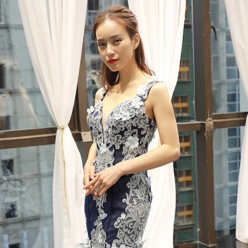 J66711 jancember blue mermaid evening dress 2019 sleeveless v-neck pattern evening gowns with train голубое платье с узорами