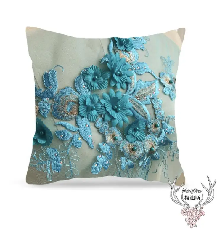 1 Piece 30*34cm Large Beautiful Flower Sky Blue 3D Bead Peal Neckline Lace Applique Patch Trim For Garment Decoration | Дом и сад