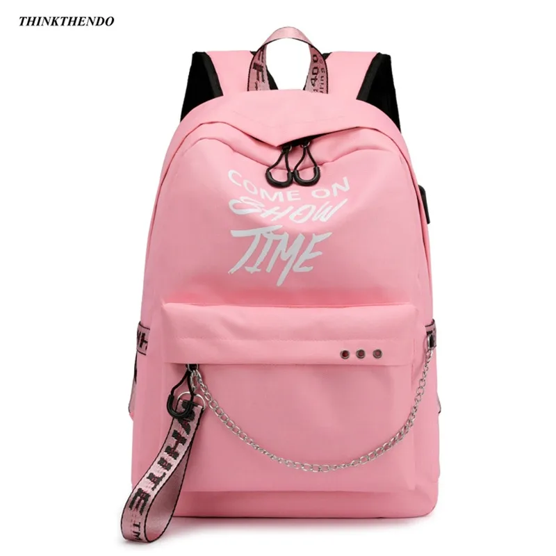 Pink THINKTHENDO Новая модная школьная сумка с буквенным принтом, водонепроницаемый рюкзак для ноутбука, светящийся чехол с надписью, зарядное устройство USB - Цвет: Pink
