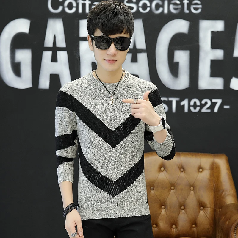 Свитер мужской тонкий в полоску с круглым вырезом и длинным рукавом|Джемперы| |