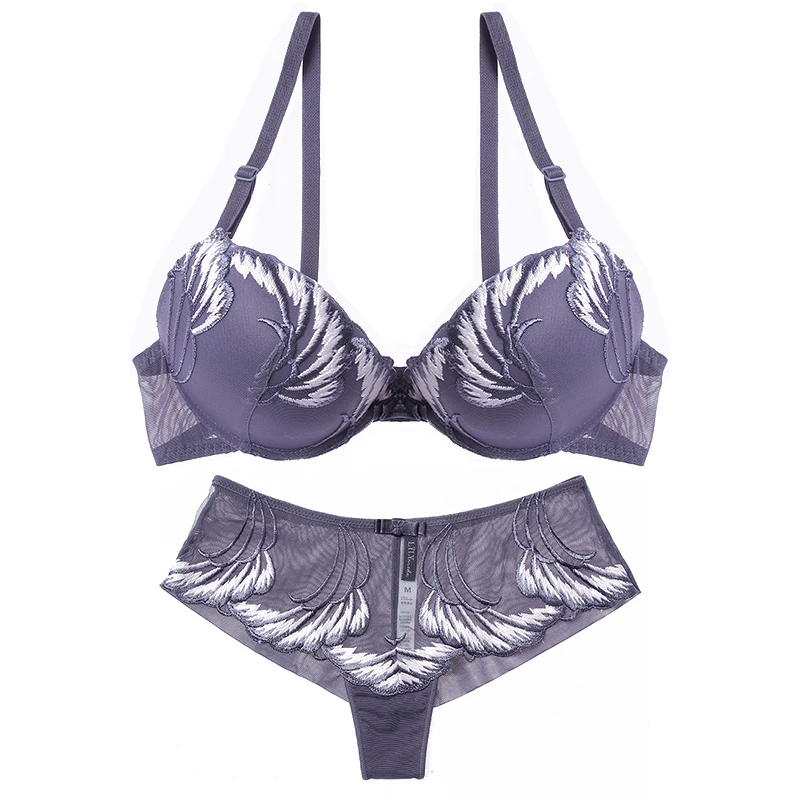GRAY-BLUE Set Lilymoda, сексуальный женский, хит, женский бюстгальтер, трусы, бюстгальтер, нижнее белье, пуш-ап, вышивка, бюстгальтер, трусики, комплект нижнего белья, стринги, бесшовные трусики - Color: GRAY-BLUE Set