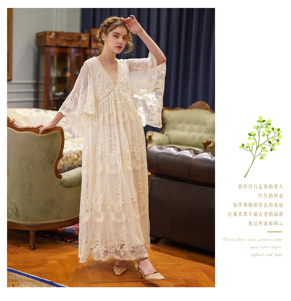 Spring Summer Women Elegant Casual Loose Exquisite Embroidery Lace Rice White Maxi Dress Vintage Mori Girls Long Mesh Dresses