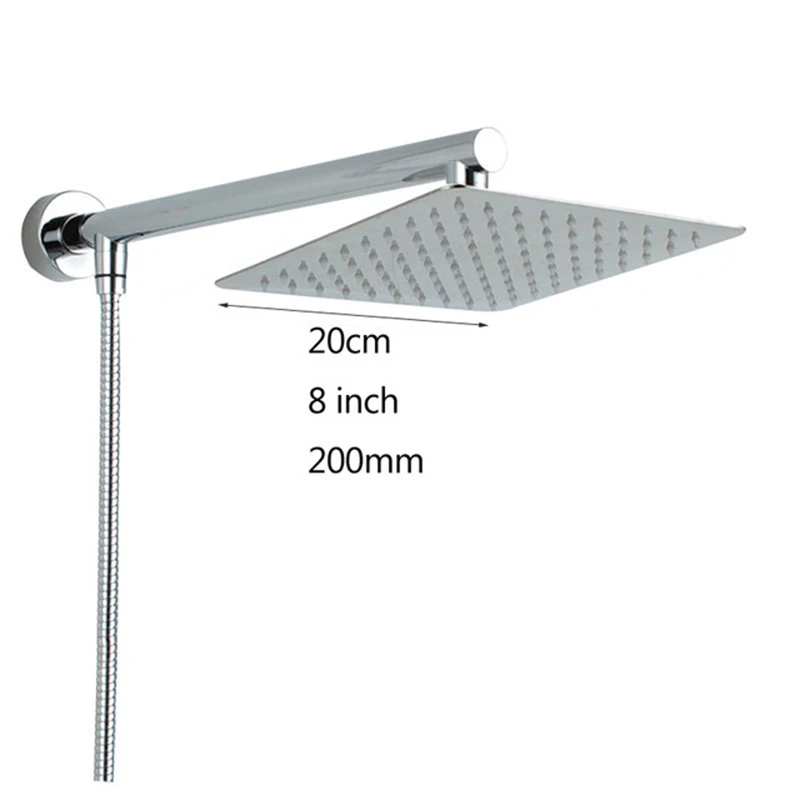 Wall Mounted Chrome Ultrathin Square 8&quot Shower Head + Brass Arm 150cm Srainless Steel Hose | Обустройство дома