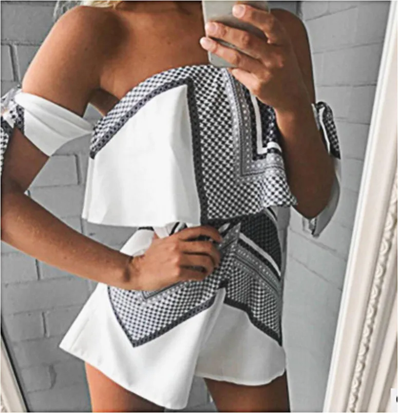 

Fashion Bodycon Casual Beach Bodysuit Floral Ruffle Off Shoulder Chiffon Drawstring Waist Jumpsuit