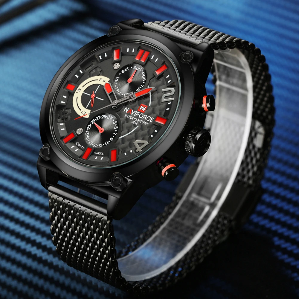 Часы NAVIFORCE Мужские кварцевые с хронографом стальной сетчатый ремешок