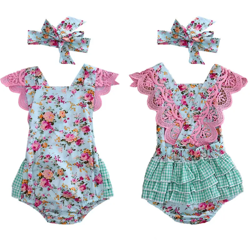 2 шт./компл. для новорожденных и маленьких девочек цветочный кружевной комбинезон
