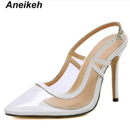 White Aneikeh/ г. Пикантные туфли-лодочки из ПВХ женская обувь свадебные туфли на тонком высоком каблуке без шнуровки, повседневные туфли для танцев прозрачный ремешок с пряжкой, розовый, красный, зеленый цвета - Цвет: White