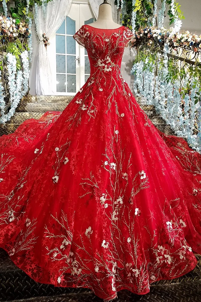 LS00204 красные длинные вечерние платья аппликации колпачок рукав зашнуровать